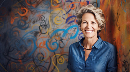 Casual senior woman with doodled chalkboard on background. Education sketches. Knowledge and wisdom concept.