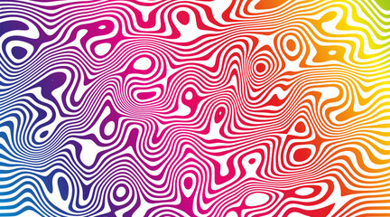 Retro, rainbow, psychedelic, flat, abstract, cartoon optical illusion looping background. Liquify Lines horizontal background waves Groovy hippie 70s 