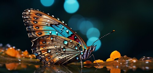 Dewdrops glistening on the wings of a painted butterfly in the early morning.
