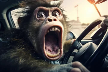 Fototapete Rund The face of a frightened, shocked monkey driving a car. Humor. joke. Conceptual. © BetterPhoto