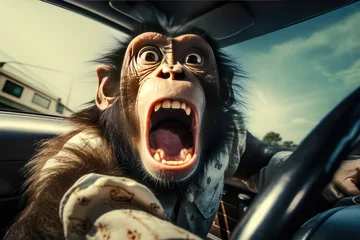 Fototapete Rund The face of a frightened monkey . A chimpanzee screams while driving a car. Humor. joke. Conceptual. © BetterPhoto