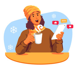 Woman in winter clothes with a cup of coffee and a smartphone social media