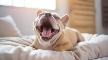 ベージュのフレンチブルドッグがベッドの上であくびしているアップの写真