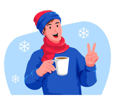 Happy man with a cup of hot drink in the winter
