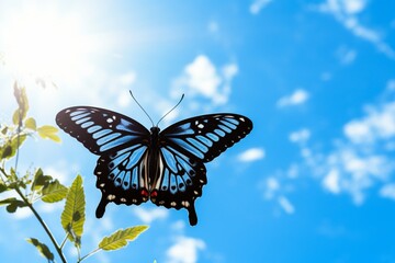 The delicate silhouette of a painted butterfly against a clear blue sky.