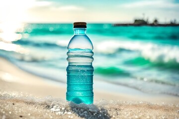 bottle of mineral water on the beach , advertising template