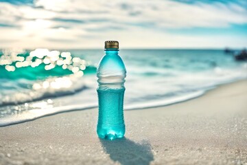 bottle of mineral water on the beach , advertising template