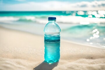 blue bottle of mineral water on the beach , advertising template