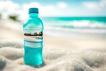 blue bottle of mineral water on the beach , advertising template