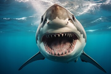 Ocean white shark view from below, open toothy mouth with many teeth - obrazy, fototapety, plakaty