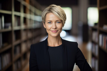Fototapeta premium Portrait of young woman working as a tutor teacher in university generative AI