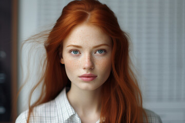 Made with generative ai technology portrait of cute lovely girl with red hair and freckles