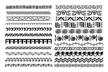 Set african tribal motive border in doodle hand drawn style from geometrical shapes isolated on white background. boho scandinavian srtoke, traditional native decor. - obrazy, fototapety, plakaty