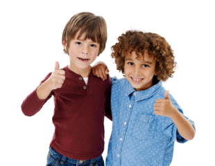 Friends, kids and portrait with happy for thumbs up and agreement isolated on png transparent background. Children, hands and face with smile, success and agree for good news, positivity and gesture
