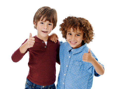 Friends, kids and portrait with happy for thumbs up and agreement isolated on png transparent background. Children, hands and face with smile, success and agree for good news, positivity and gesture - Powered by Adobe