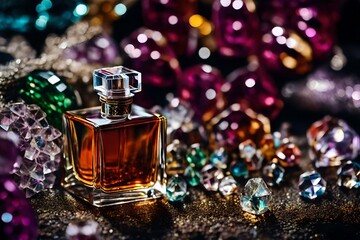 perfume flacon in shiny colorful gemstones background 