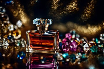 perfume flacon in shiny colorful gemstones background 