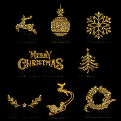 Gold christmas elements pack include reindeer, ball, snowflake. Merry Christmas text, pine tree, branch, sledge and wreath for decoration.