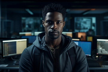 Generative AI portrait of cyberpunk system administrator programmer hacker person