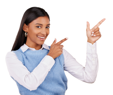 Portrait, happy woman and pointing by hand for offer, deal or notification. Indian person, entrepreneur and smile with gesture on isolated or transparent png background for choice, decision or option