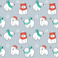 Fototapeta premium Seamless Pattern of Christmas and Winter Theme with Cartoon White Bear Character Design on Grey Background