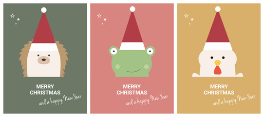 Fototapeta na wymiar Festive animal trio: happy merry christmas card with cute characters, christmas hedgehog, frog and chicken vector set