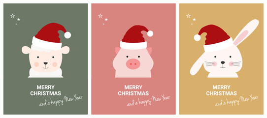 Festive animal trio: happy merry christmas card with cute characters, christmas sheep, pig and rabbit vector set