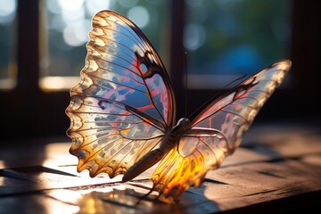 The iridescent patterns on a painted butterfly's wings in soft morning light.