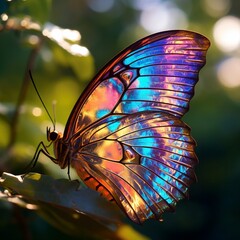 The iridescent patterns on a painted butterfly's wings in morning light.