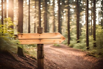weathered direction wooden signs in front of a forest path