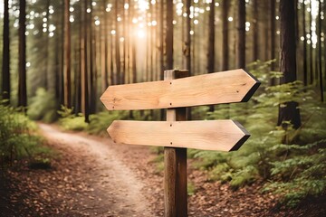 weathered direction wooden signs in front of a forest path