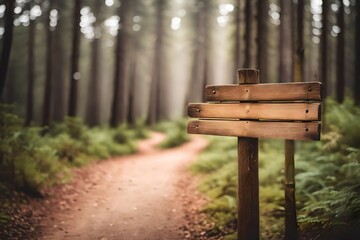 weathered direction wooden signs in front of a forest path