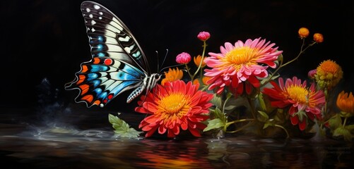 A painted butterfly delicately sipping nectar from a vibrant flower.