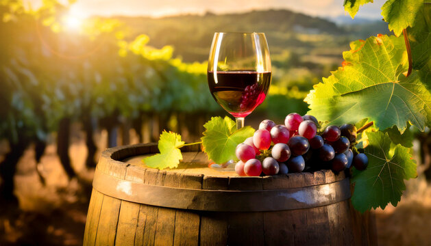 Closeup of a glass of red wine and a bunch of ripe red grapes with green vine leaves above an old wooden barrel. In the background vineyards on the hills at sunrise or sunset.