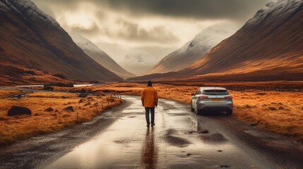 Photo man walking towards his car at glen etive scotl.Generative AI - obrazy, fototapety, plakaty