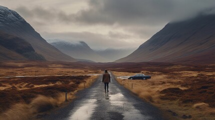 Photo man walking towards his car at glen etive scotl.Generative AI - obrazy, fototapety, plakaty