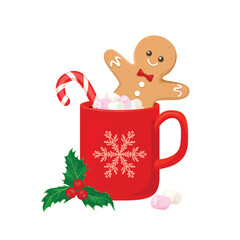 Gingerbread man in red cup with cocoa, candy cane and marshmallow isolated on white background. Vector cartoon illustration of christmas sweet drink.