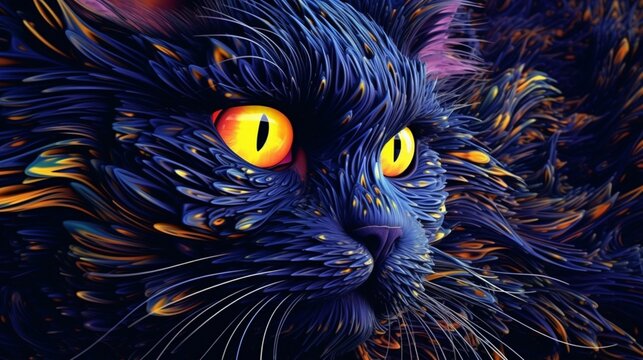 psychedelic black long haired cat with bright yellow.Generative AI