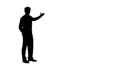 A man silhouette is pointing the empty space, text area or copy space with his hand. Isolated man silhouette on white background, positioned left. Web vector illustration man silhouette.