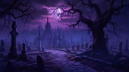 Purple Cemetery halloween background banner.Generative AI