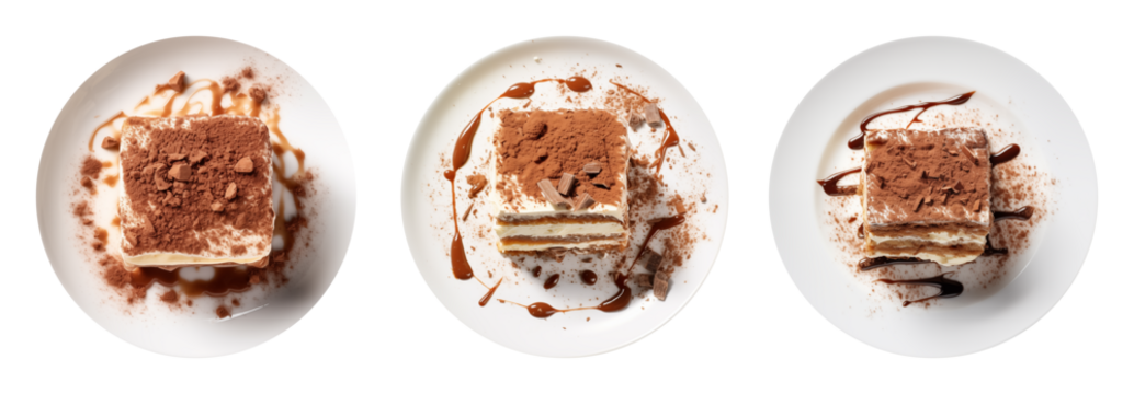 Top view set of delicious tiramisu dessert served on white plate, cut out - stock png.