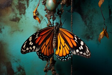 A painted butterfly emerging from its chrysalis, a moment of transformation.