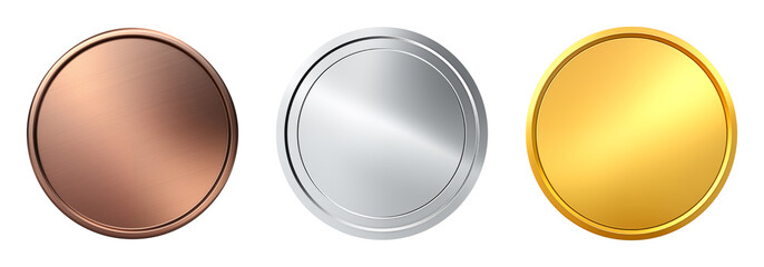 Set of metal coins with reflective texture, cut out - stock png.