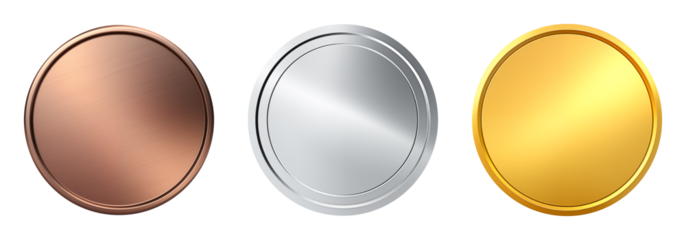 Set of metal coins with reflective texture, cut out - stock png.