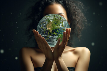 Woman hand holding earth save planet earth day generative ai image - obrazy, fototapety, plakaty