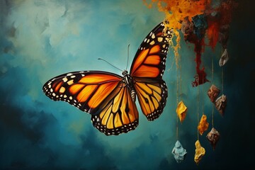 A painted butterfly emerging from its chrysalis, a moment of transformation.