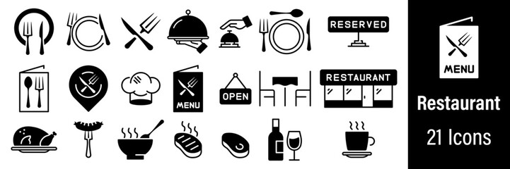 Restaurant Web Icons. Food, Service, Kitchen, Cutlery, Dishes. Vector in Line Style Icons
