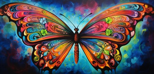 A painted butterfly in a dreamy, abstract world of colors and patterns.
