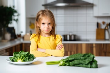 Mädchen mag keinen Spinat essen. Kind ekelt sich vor Spinat und weigert sich zu essen, mit verärgertem Gesichtsausdruck..  - obrazy, fototapety, plakaty