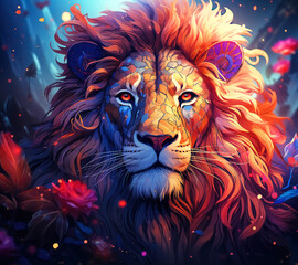 Abstract Neon Wild Lion Background with Florals, Colorful Wild Animal